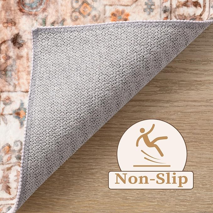 SERISSA 4x6 Boho Bedroom Rug, Washable Non Slip Vintage Peach Cream Area Rugs, Ultra Soft Print Distressed Tribal Entry Rug Low-Pile Throw Carpet for Nursery Dorm Kitchen Living Room Decor