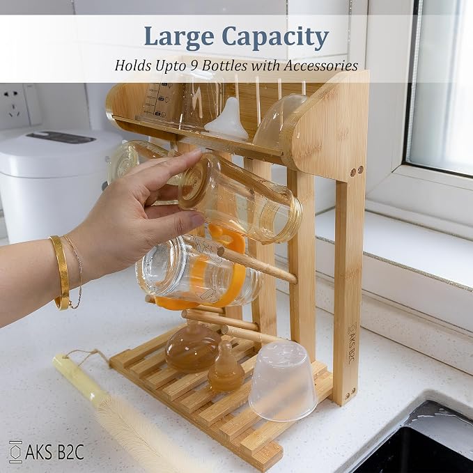 Bamboo Baby Bottle Drying Rack, Vertical Space Saving Kitchen Organizer - Image 2