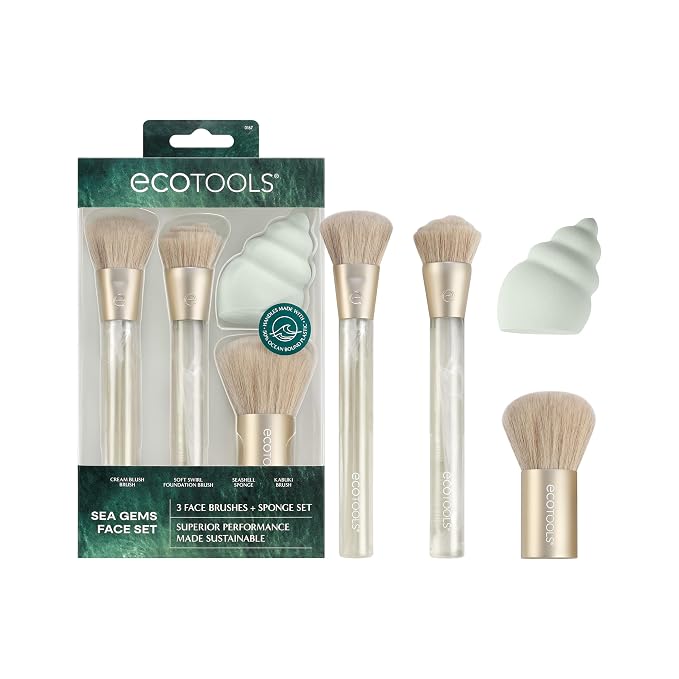 EcoTools Sea Gems Face Makeup Brush & Sponge 4 Piece Set, Eco-Friendly Makeup by EcoTools