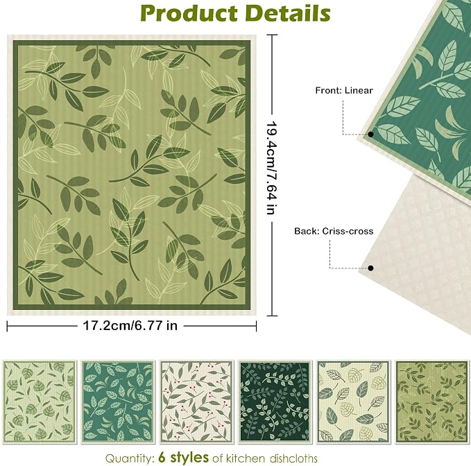 6 Packs Swedish Paper Cloths for Kitchen, Reusable Paper Towels Washable Dish - Image 2