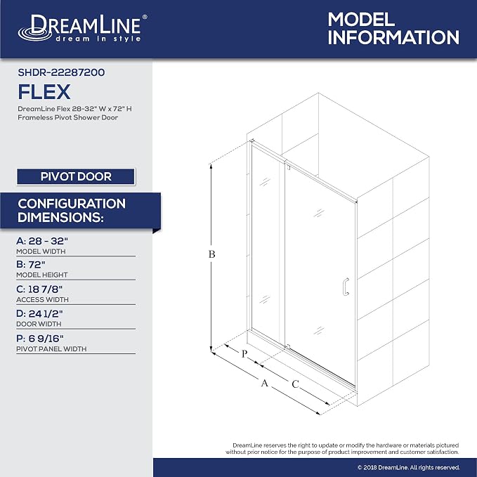 DreamLine Flex 28-32 in. W x 72 in. H Semi-Frameless Pivot Shower Door in - Image 8