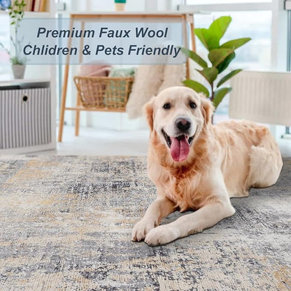 Area Rug 9×12, Large Vintage Boho Rug,Ultra-Soft Low Pile, Washable, Non Slip,Stain Resistant, Printed Carpet for Living Room Bedrooms Playroom Office Kitchen, Gold/Grey