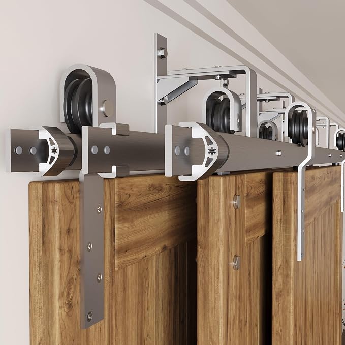 Homacer Brushed Nickel Rustic Triple Track Bypass Sliding Barn Door Hardware Kit - Image 3
