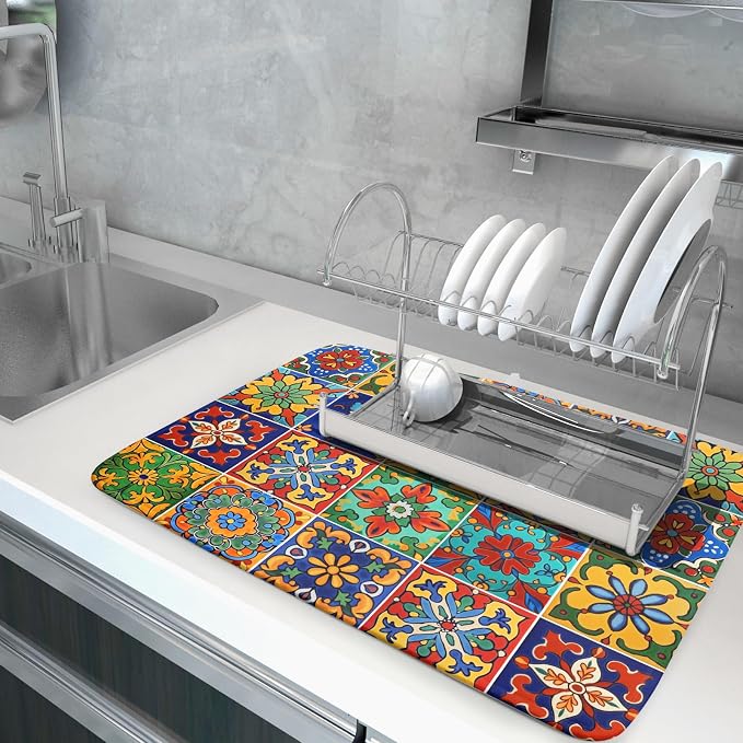 Mexican Tiles Dish Drying Mat for Kitchen Counter Absorbent Microfiber Dish - Image 5