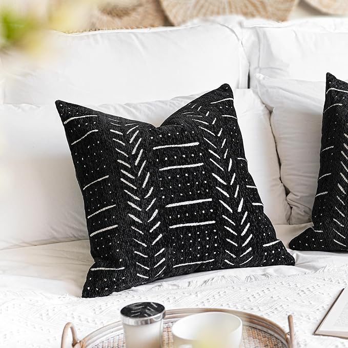 BlissBlush Black Decorative Throw Pillow Covers 22X22, Set of 2, Boho Farmhouse Cushion Cover, Cozy Soft Accent Pillowcase for Couch Sofa Bed Living Room Home Décor