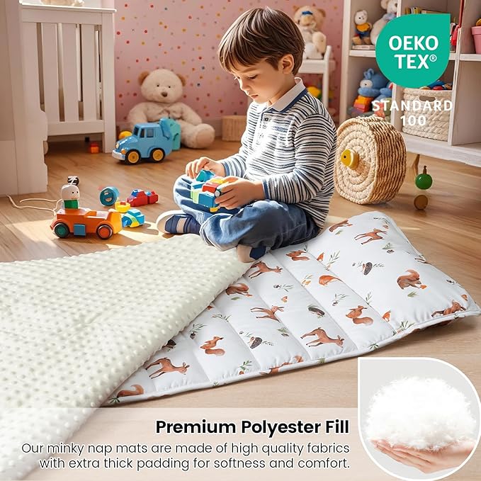 david's kids Toddler Nap Mat with Pillow and Minky Fleece Blanket, Ultra Soft Slumber Bags for Kids, Perfect for Preschool, Daycare, Kids Sleeping Bags with Rollup Design, 50"x20", Woodland Animals