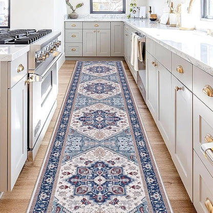 OPPODREAM Thin Entryway Rug 2x10, 2x10 Rug Runner, Washable Hallways Carpet 2 x 10 with Non Slip Backing, Low-Pile Bedside Carpet 2 x 10, Long, Faux Cashmere, Navy Blue & Red & Cream