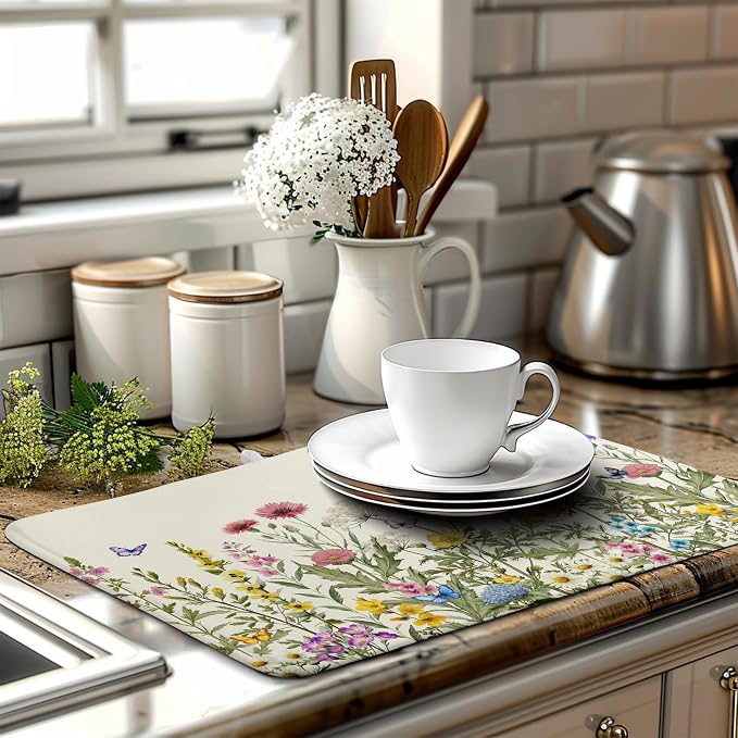 Spring Dish Drying Mat Summer Floral Flowers Kitchen Dish Drying Pad Absorbent - Image 6