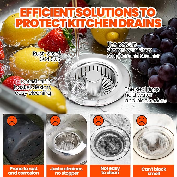 Kitchen Sink Drain Strainer & Sink Stopper, Upgraded 3 in 1 Stainless Steel - Image 6