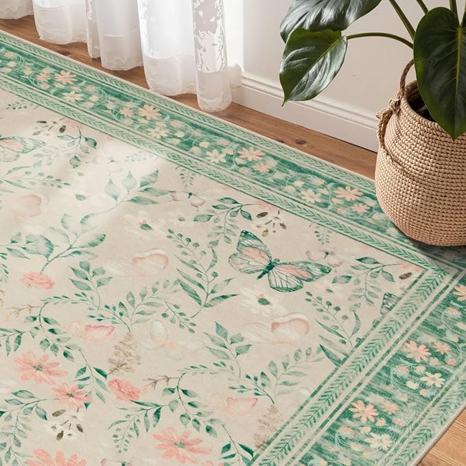 Floral Rug for Living Room Bedroom, 4x6 Washable Rug, Large Non Slip Low Pile - Image 3