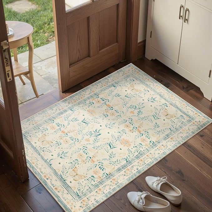 Door Mat Floral Entryway Rug, Washable Samll 2x3 Rug, Boho Beige Front Door Mat by Rugxara