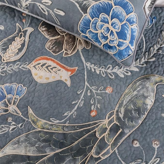 The HomeCentric Blue Bed Runner, Twin Size 53"x18" Decorative Bed Runner with Matching Pillow Cover, Blue Linen Bed Scarf in Quilted Peacock, Linen & Jute Embroidery - Peacock Willow