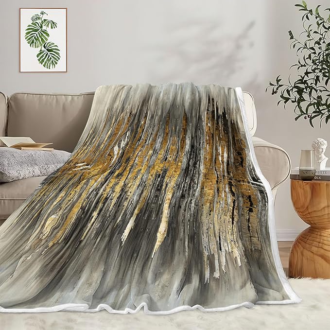 Abstract Throw Blankets, Modern Gray Gold crackNon Cozy Warm Bed Couch Blanket, Stripe Contemporary Abstract Painting White Fleece Flannel Throws to Decorate The Room and Bedroom