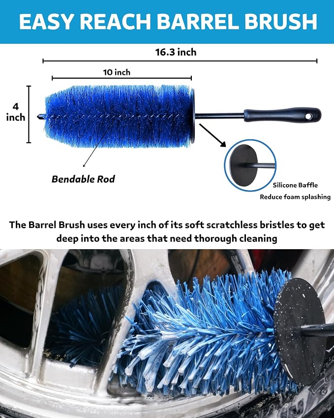 Car Wheel Cleaning Kit: Wheel and Rim Flagged Tip Brush, Bendable Barrel Brush - Image 2