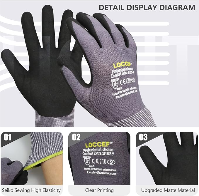LOCCEF Work Gloves MicroFoam Nitrile Coated-6 Pairs, Seamless Knit Nylon Gloves - Image 2