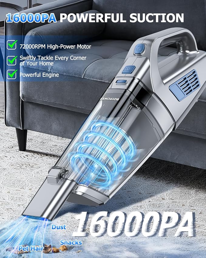 BQYPOWER Handheld Vacuum Cordless, 16000PA Strong Suction Hand Held Vacuum Dust - Image 2