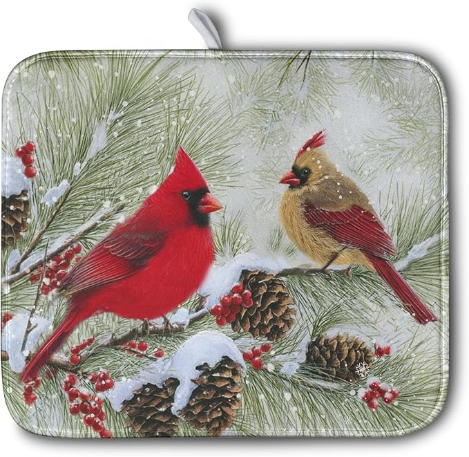 Winter Dish Drying Mat for Kitchen Counter 16x18 Inch Christmas Red Birds by Kwlegh