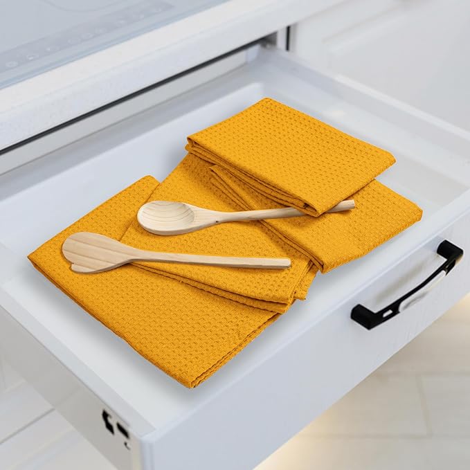 Mustard Yellow Waffle Kitchen Towels, 16x26 Inches, 100% Cotton, Fast Drying - Image 3