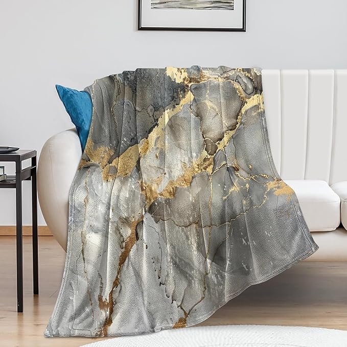 Modern Marble Blanket, Abstract Luxury Baroque Gold Grey Gradient Stone Veins Pattern Soft Warm Cozy Plush Flannel Covers for Livingroom Bedroom Couch Chair Camping Travel Home Decor Tapestry 60x80in