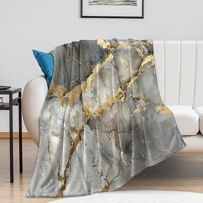 Modern Marble Blanket, Abstract Luxury Baroque Gold Grey Gradient Stone Veins Pattern Soft Warm Cozy Plush Flannel Covers for Livingroom Bedroom Couch Chair Camping Travel Home Decor Tapestry 60x80in