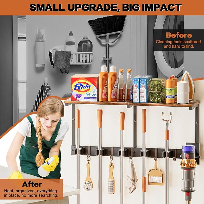 Broom Holder Wall Mount with Cleaning Supplies Organizer, Laundry Room - Image 4