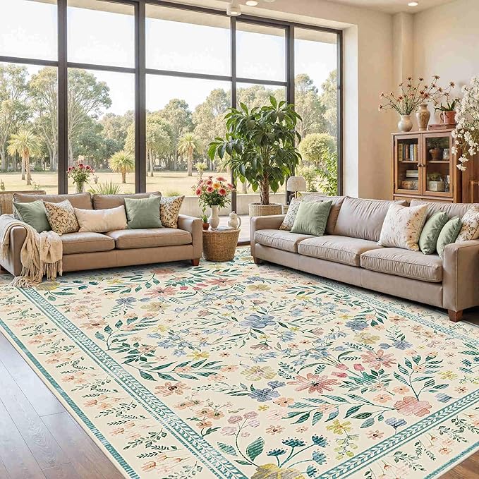 Floral Rug for Living Room Bedroom, 8x10 Area Rugs, Large Non Slip Low Pile by Rugxara