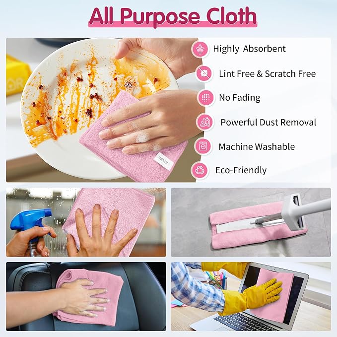 FIXSMITH Pink Microfiber Cleaning Cloth -Pack of 8, Highly Absorbent Cleaning - Image 6