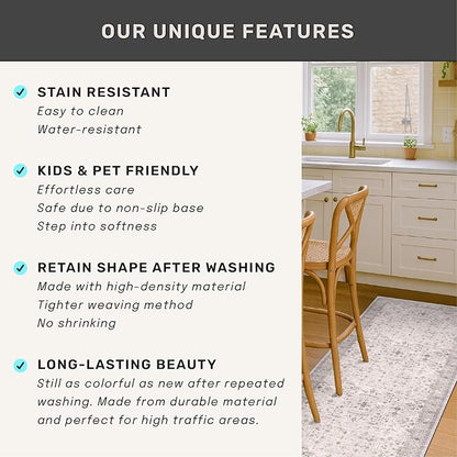 Boho Light Grey 5x8 Living Room Rug - Modern Vintage Eclectic Floral Pastel Neutral Taupe, Washable Low Pile Non-Slip Large Area Rugs for Nursery Dining Under Table Bedroom Lounge