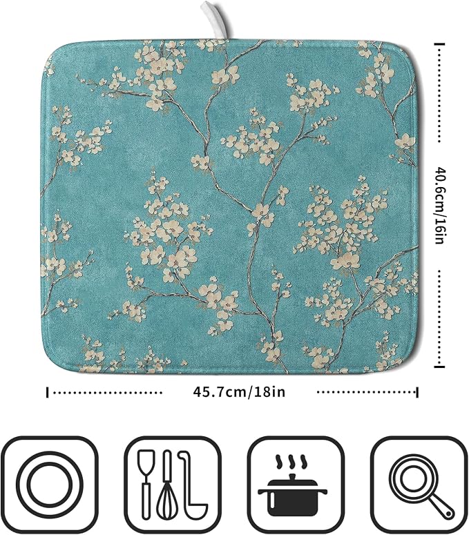 Teal Turquoise Dish Drying Mat for Kitchen Counter Spring Floral Drying Mat 16 - Image 2