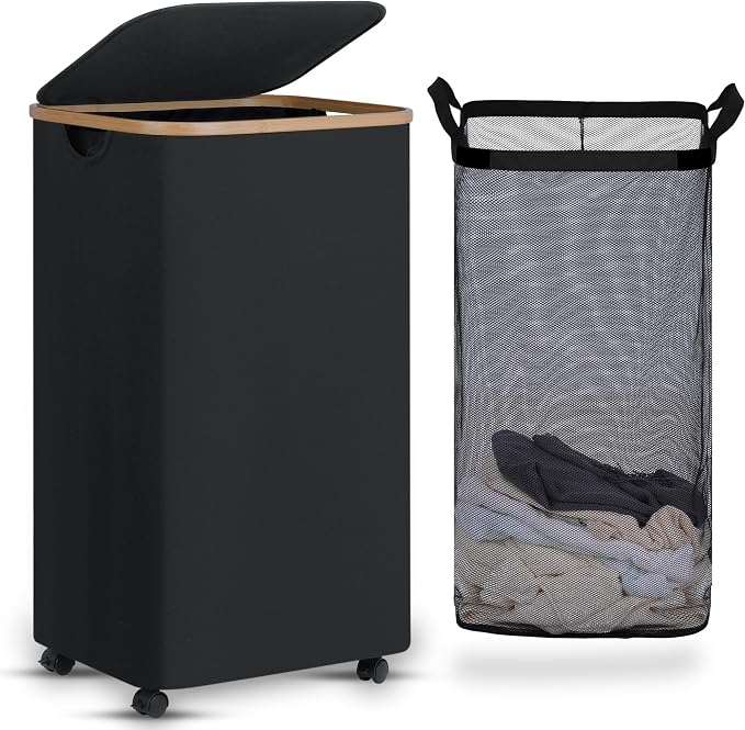 efluky Laundry Basket with Wheels, Tall Rolling Laundry Hamper with Lid and by efluky