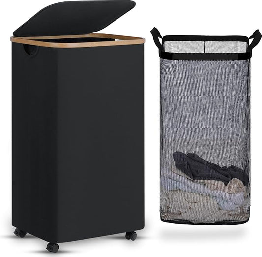 efluky Laundry Basket with Wheels, Tall Rolling Laundry Hamper with Lid and by efluky