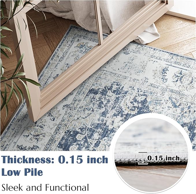 jinchan Fiora 8x10 Area Rugs for Living Room Machine Washable Vintage Floral Distressed Design Stain Resistant Boho Carpet Low Pile Non-Slip Rug for Bedroom Dining Room Home Office (8‘x10', Dark Blue)