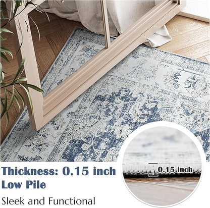 jinchan Fiora 8x10 Area Rugs for Living Room Machine Washable Vintage Floral Distressed Design Stain Resistant Boho Carpet Low Pile Non-Slip Rug for Bedroom Dining Room Home Office (8‘x10', Dark Blue)