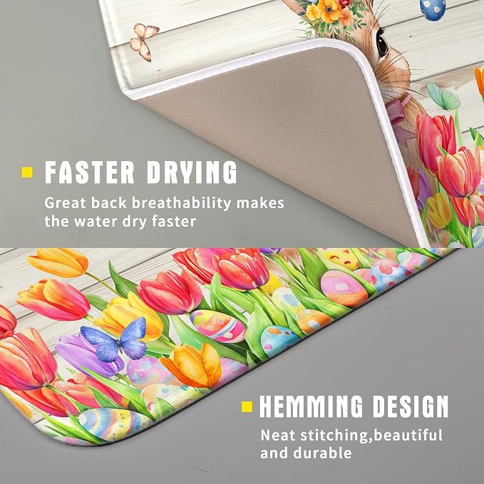 Easter Bunny Dish Drying Mat 16x18 inch Eggs Floral Fast Drying Pad Washable - Image 3