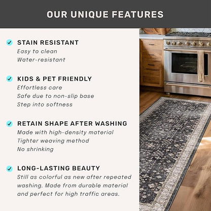 Black Boho Washable 3x20 Extra Long Runner Rug for Hallway, Waterproof Large Kitchen Floor Rug, Non-Slip Stain & Fade Resistant, Vintage Floral Decor