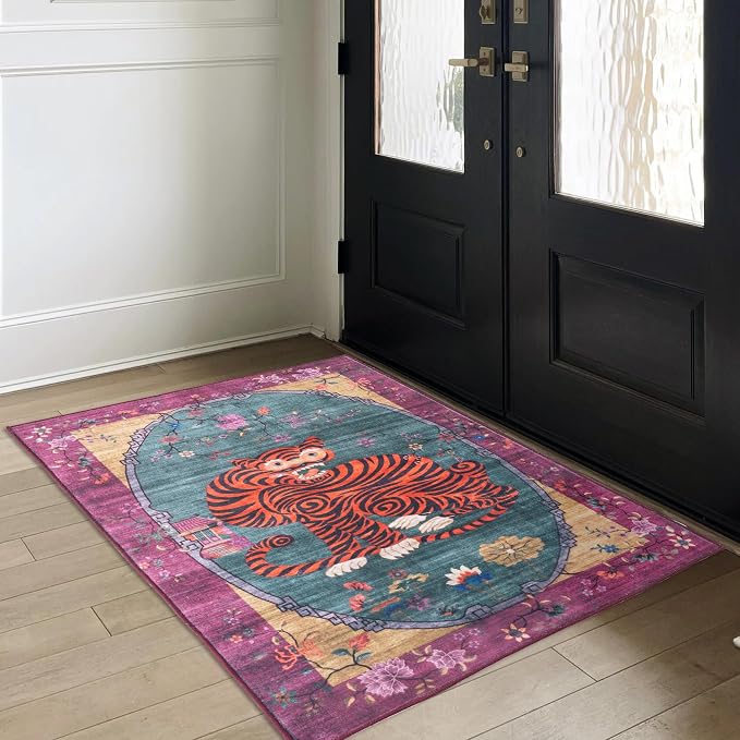 Tiger Rug Washable 3x5 ft Oriental Traditional Animal Print Vintage Fuchsia - Image 8