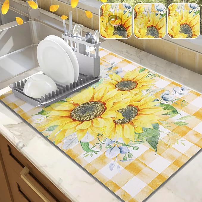 LOKHOM Dish Drying Mat for Kitchen Counter, Vintage Floral Dish Drainer Rack by LOKHOM