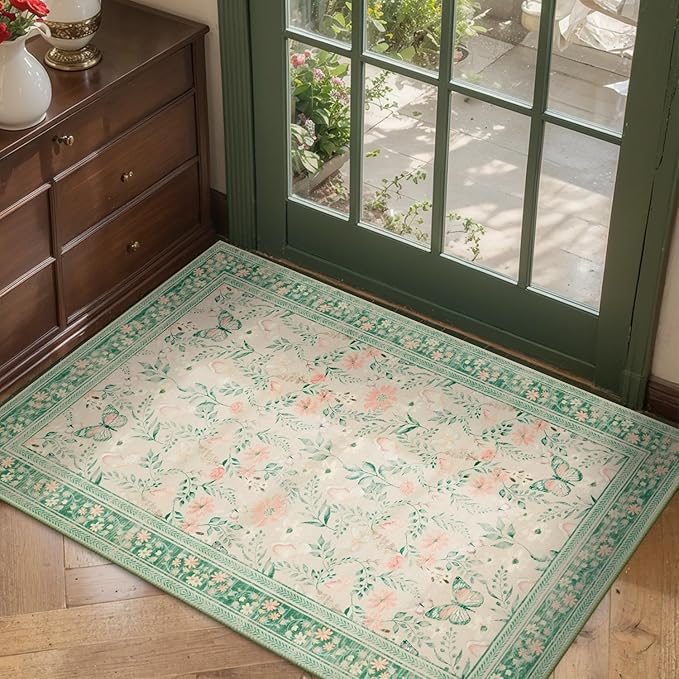 Door Mat Floral Entryway Rug, Washable Samll 2x3 Rug, Boho Green Front Door Mat by Rugxara