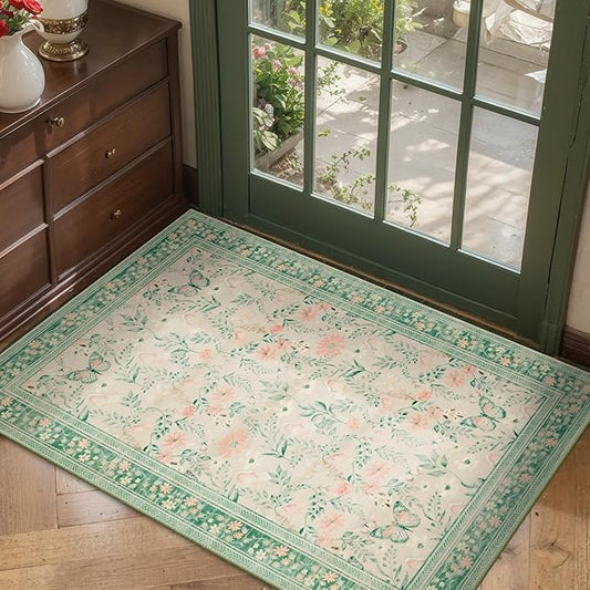 Door Mat Floral Entryway Rug, Washable Samll 2x3 Rug, Boho Green Front Door Mat by Rugxara