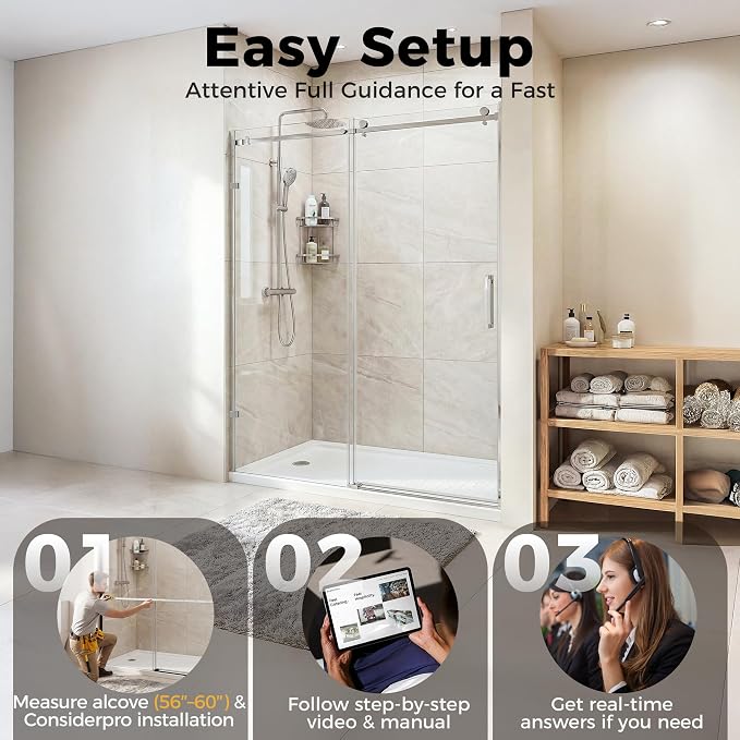 56-60" W x 75" H Frameless Shower Door, Magnetic Sliding Glass Shower Door - Image 9