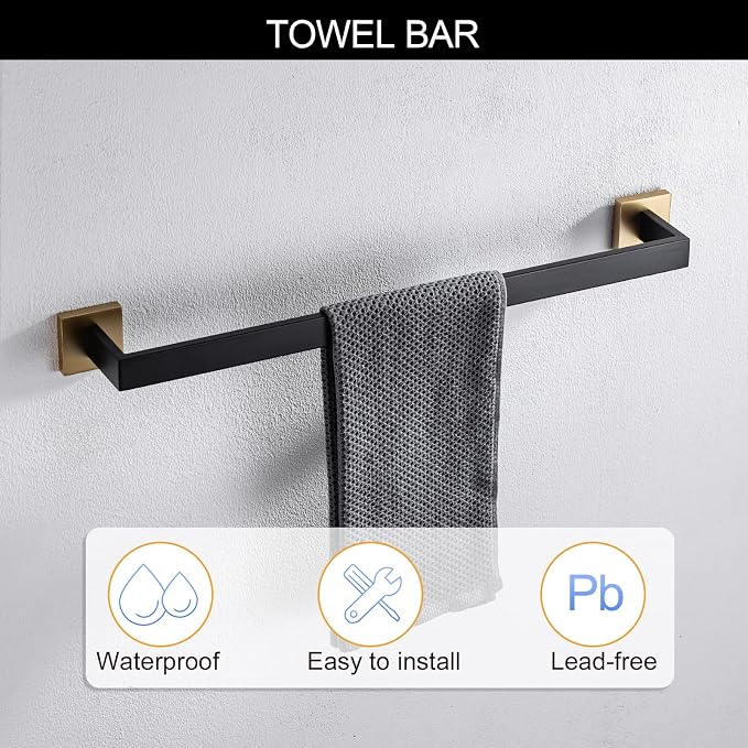 5 Pieces Bathroom Hardware Set Black and Gold Towel Bar Set, Toilet Paper Holder - Image 2