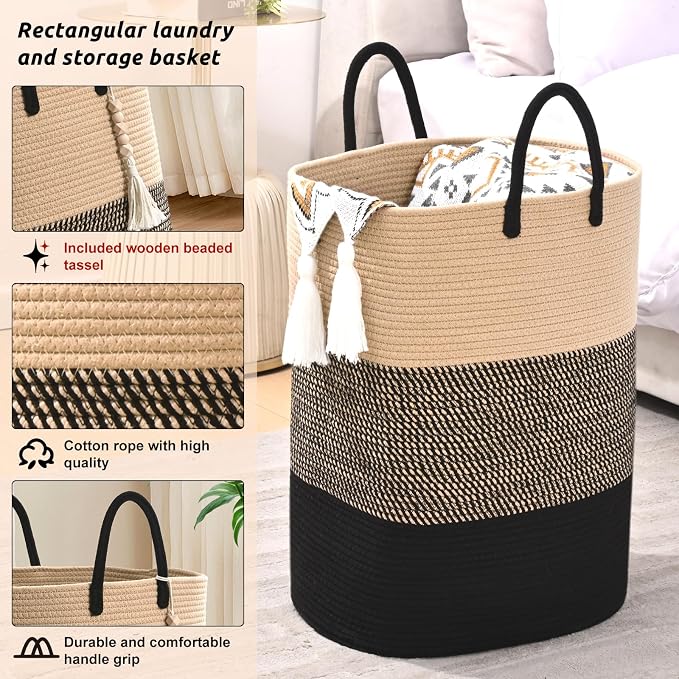 Woven Laundry Basket for Clothes, 80 L Large Rectangle Laundry Hampers - Image 3