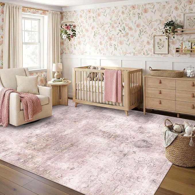 Vintage 5x7 Pink Rug, Washable Area Rugs by OHWPEAT