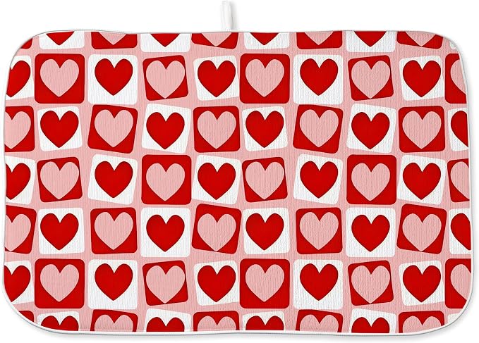 Valentines Day Dish Drying Mats 18x24 Inch Pink Red Heart Plaid Drying Mats by GOLIANDA