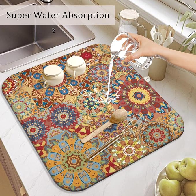 Boho Dish Drying Mat for Kitchen Countertops, Bohemian Floral Microfiber Drying - Image 5