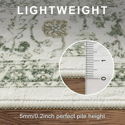 LIVEBOX Medallion Round Area Rug 5ft, Vintage Washable Sage Green Circle Rug for Bedroom, Low-Pile Soft Round Carpet for Living Room, Ideal for High Traffic Areas in Entryway