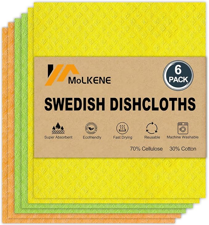 Swedish Dishcloths for Kitchen | 6 Pack Dish Towels Cellulose Sponge Cloths | by MoLKENE