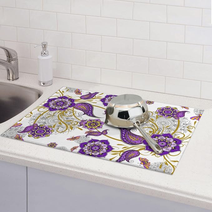 Purple Flower Kitchen Drying Mat Boho Floral Microfiber Dish Drainer Mat - Image 5