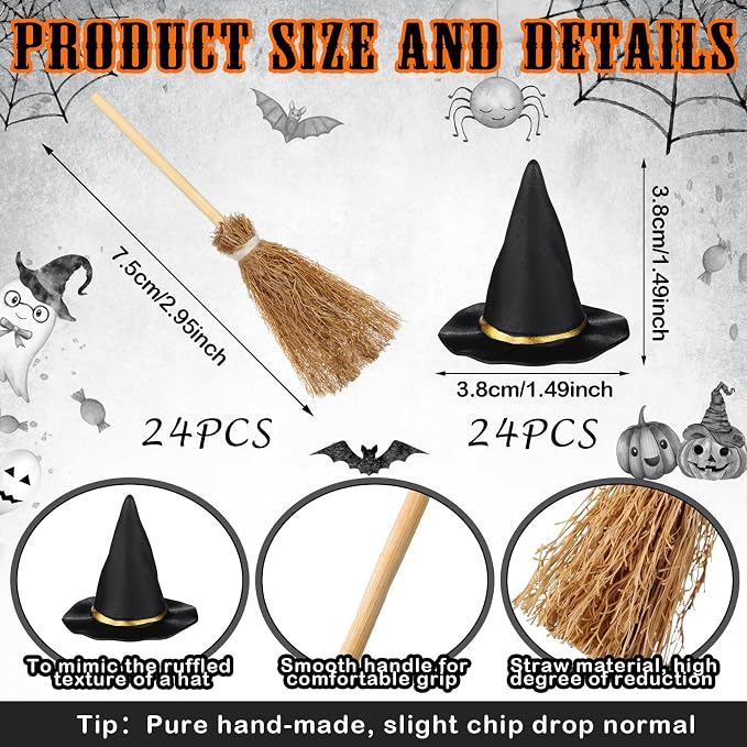 48 Pcs Mini Witch Hats and Broom - Image 3