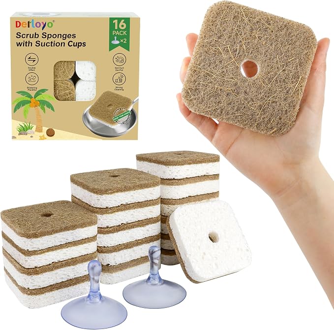 16 Pack Biodegradable Natural Kitchen Sponges, Compostable Cellulose & by Derloyo